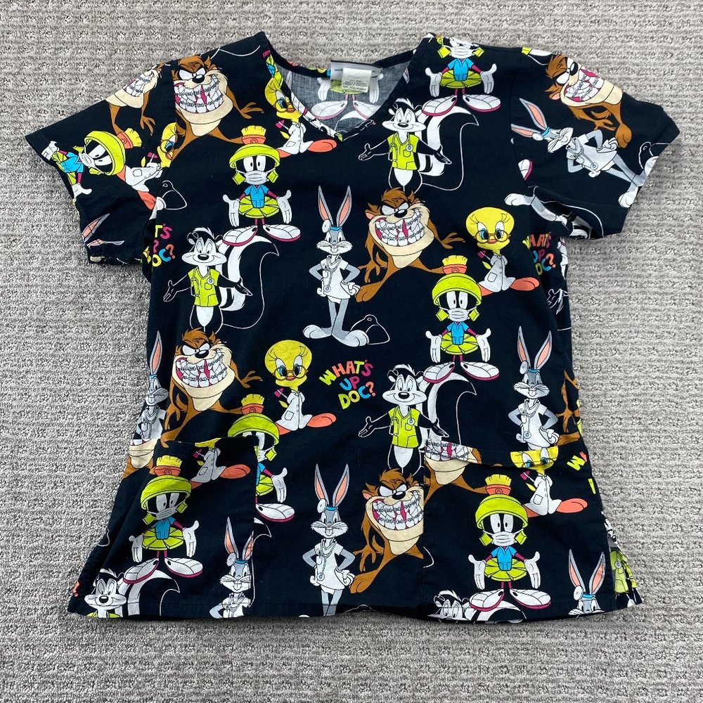 Looney Tunes Scrubs Shirt Women Medium M Black All Over Print Medical Uniform